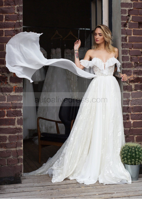 Off Shoulder Ivory Lace Chiffon Airy Wedding Dress